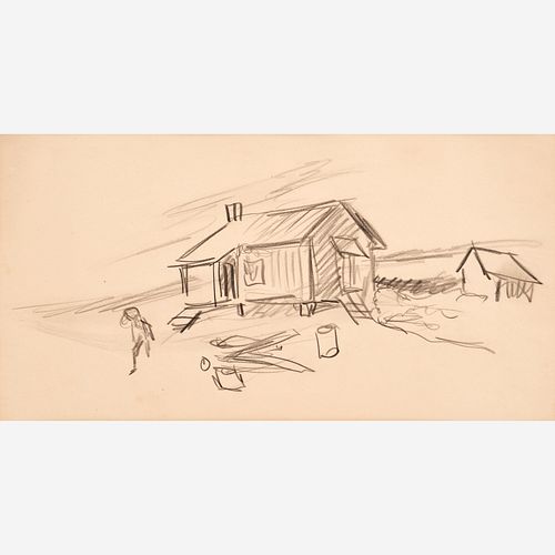  Thomas Hart Benton "Sketch of Farm House, Missouri Flood" Crayon (1936)