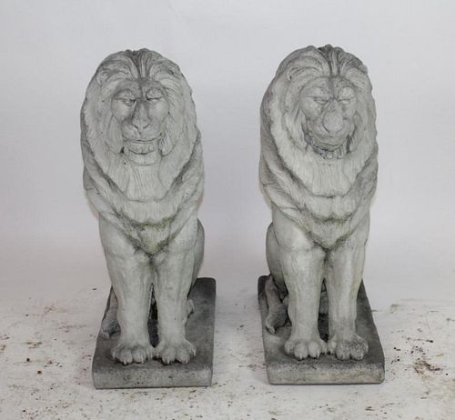 Pair of cast stone entry lions
