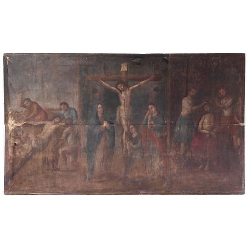 TRÍPTICO CON ESCENAS DE LA PASIÓN DE CRISTO. MÉXICO, SIGLO XVIII. Óleo sobre tela. 200 x 340 cm