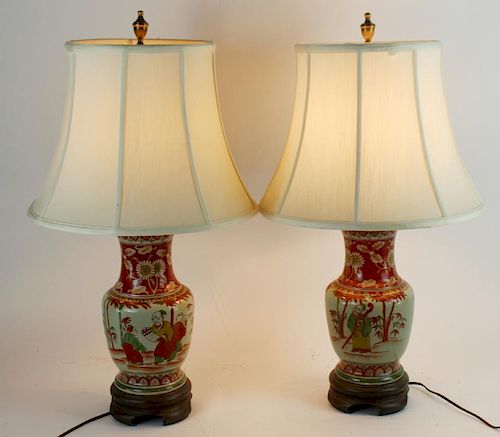 Pair of painted ceramic oriental lamps