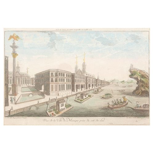 Daumont. Vue de la Ville du Mexique Prise du Côté du Lac. Paris, ca. 1770. Grabado coloreado, 26 x 40.8 cm. Vista óptica.