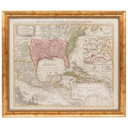 Lotter, Tobias Conrado. Mappa Geographica Regionem Mexicanam et Floridam. Augsburg, ca. 1770. Mapa grabado coloreado, 50 x 58 cm.