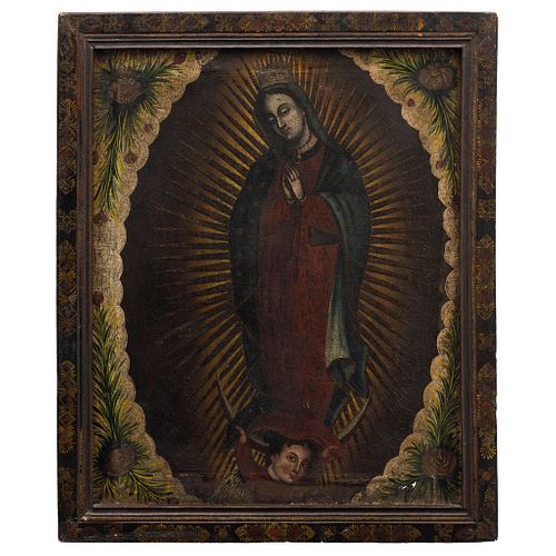 VIRGEN DE GUADALUPE. MÉXICO, SIGLO XIX. Óleo sobre tela. 58 x 47 cm