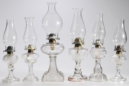 Six Pressed Glass Oil Lamps
