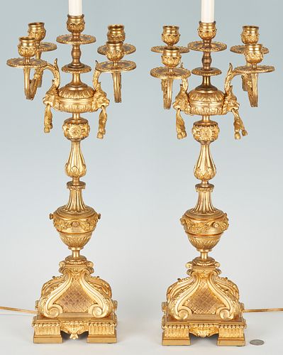 Pair of Gilt Bronze Candelabra, Fitted as Lamps