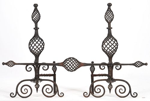 Pair Yellin Style Wrought Iron Andirons and Fender Bar