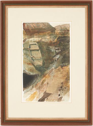 Carl Sublett Watercolor, Boat & House, 1968
