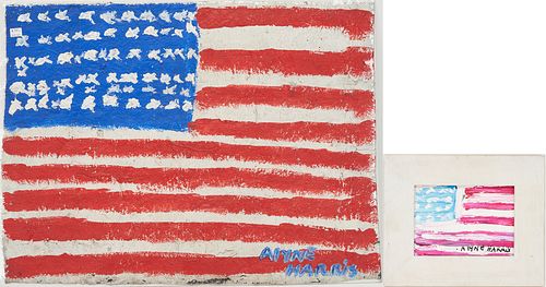 2 Alyne Harris Folk Art American Flag Paintings