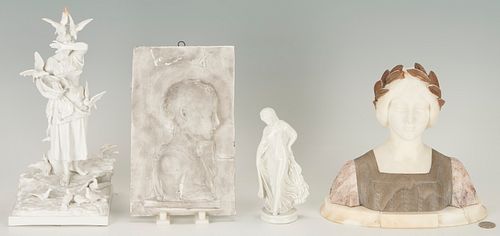 4 Assembled Sculptures, Bust, Bas Relief, & 2 Blanc de Chine