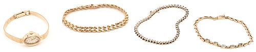 4 Jewelry Items, 3 Gold & Gemstone Bracelets,  14K Ladies' Baylor Watch