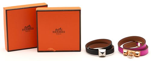2 Hermes Leather Double Tour Bracelets, Pink Rivale & Black Medor Infini