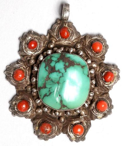 Tibetan Silver, Turquoise, & Coral Pendant