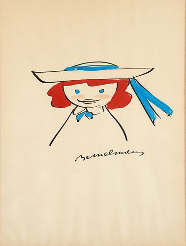 Ludwig Bemelmans orig gouache Madeline In Hat Blue Bow