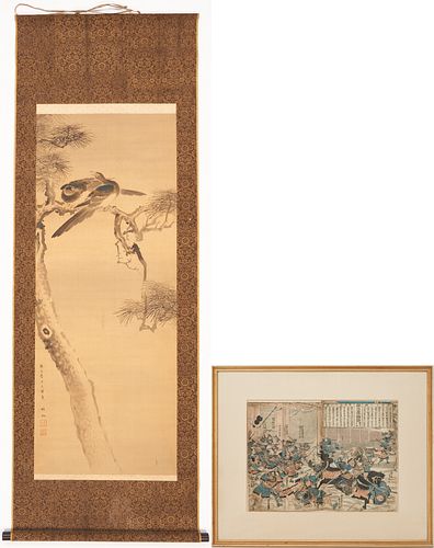 Japanese Scroll Painting, Birds in Pine Tree, & Utagawa Yoshitora Woodblock Battle Scene