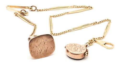Gold Pocket Watch Chain with Fob & Stamp