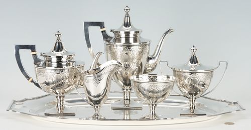 Schofield Sterling Silver Tea Set w/ Silverplated Tray, 6 pcs total