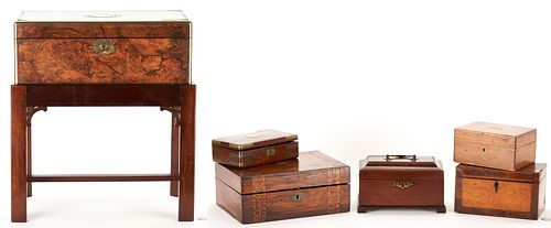 6 Continental Wooden Boxes incl. Lap Desk with Stand, Tea Caddy