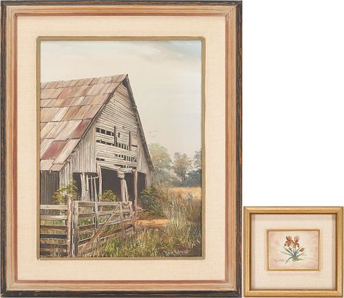 2 Marion Cook Paintings, Barn in Field O/C plus Irises O/B