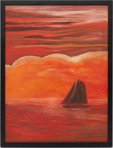 Helen LaFrance O/C Landscape Painting, Sailboat in the Setting Sun