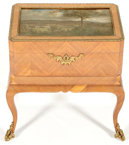 French Sewing Box on Stand w/ Painted Scenic Lid