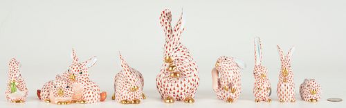 8 Herend Porcelain Bunnies, Red Fishnet Decoration, incl. Bunny with Lettuce