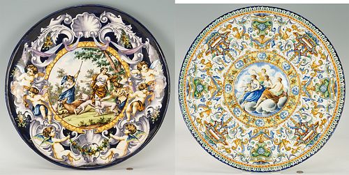 2 Italian Ceramic Chargers with Mythological Scenes, incl. Majolica