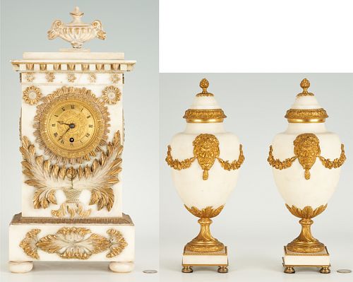 French Empire Style White Marble Clock & Garniture Set