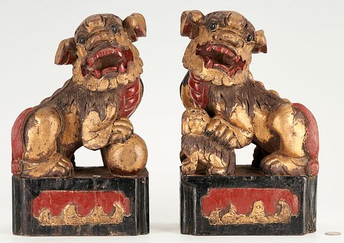 Pair Carved Parcel Gilt Chinese Foo Dogs