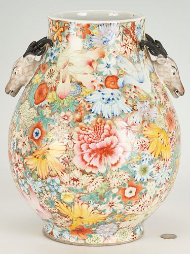 Chinese Famille Rose Millefleurs Vase,  Deer Head Handles