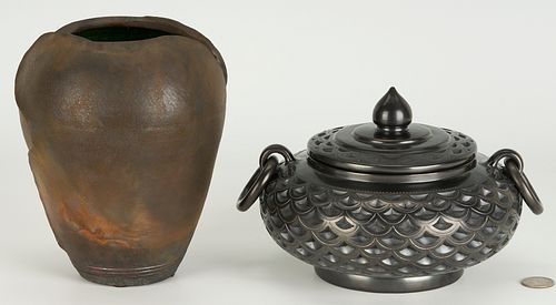 2 Ceramic Items, Chinese Covered Jar & Japanese Style Raku Vase