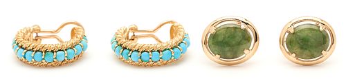 2 Prs. Ladies' Gold Earrings with Jade, Turquoise