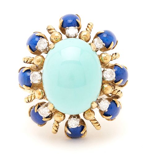 18K Turquoise, Diamond, & Lapis Cocktail Ring
