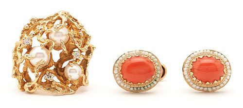 Pearl and Diamond Nugget Brooch plus Red Coral Earrings (2 items)