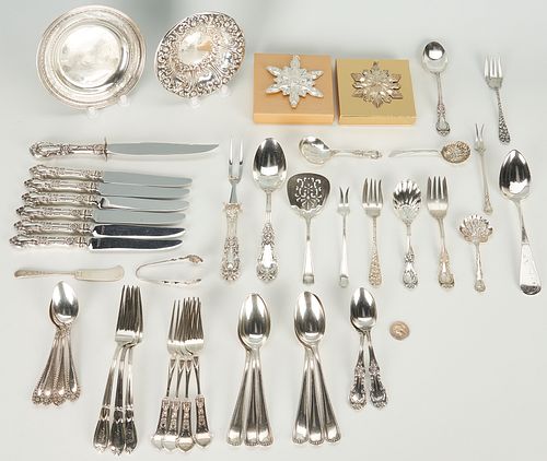 47 Assorted Sterling Items incl. Burgundy Flatware, Christmas Ornaments
