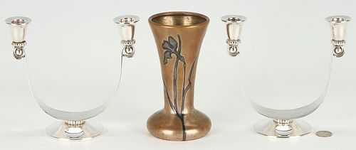 Pair Danish Modern Silver Candelabra & Heinz Mixed Metal Vase