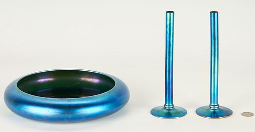 Steuben Blue Aurene Bowl & Pair of Candlesticks