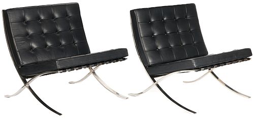 Pair 1960s Knoll Barcelona Black Leather Chairs, labeled