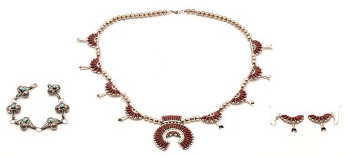 Native American Squash Blossom w/ Earrings & Bracelet, 3 items