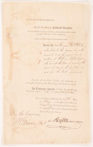 Rare 1807 NC Gov. Nathaniel Alexander Signed Certification of Will White