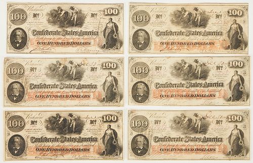 6 1862 Virginia $100 CSA Currency Notes