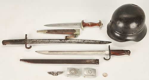 Collection of WWII & WWI Items: Helmet, Dagger, Bayonets & Buckles