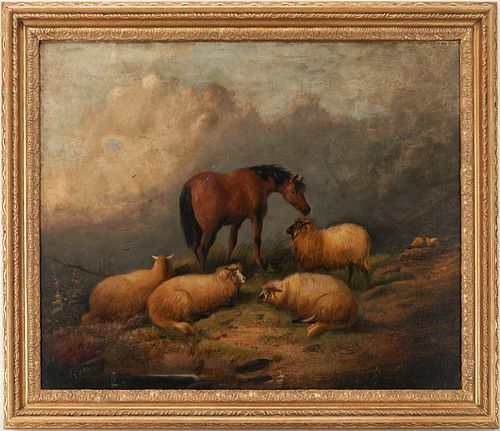British School O/C Pastoral Painting of Sheep & Horse, 19th C.