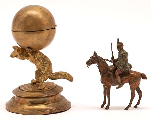 Bronze Fox inkwell Plus Cold Painted Bronze Soldier on Horseback