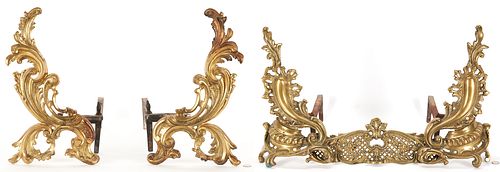 Pr. of French Bronze Louis XV Style Andirons w/ Fender & Pr. Rococo Chenets