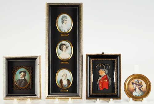 6 Miniature Portraits, mostly English, incl. Wax Relief of Redcoat