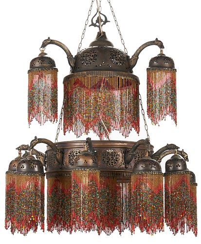 Moroccan Style Pierced Copper and Beaded Chandelier #2, ex - Naomi Judd