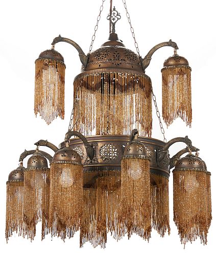 Moroccan Style Pierced Copper and Beaded Chandelier, ex - Naomi Judd