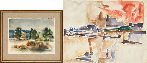 2 Gus Baker Watercolor Paintings, Landscape & Abstract
