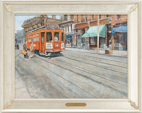 Fritz Keck City Scene Painting, Pittsburgh Trolley