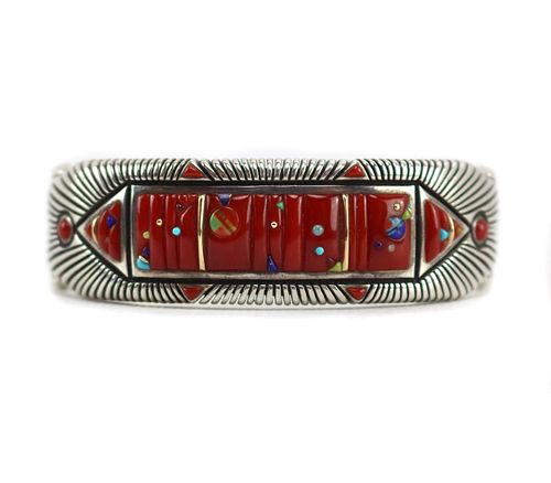 Raymond Yazzie - Navajo - Coral, Gold, and Silver Bracelet with Multi-Stone Inlay and Sunface Kachina Design